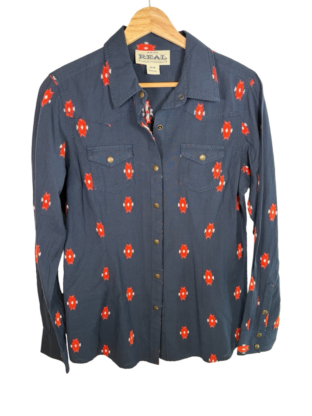 Ariat REAL mesmeric Navy Western Snap-Front Shirt with Red Floral Motif medium